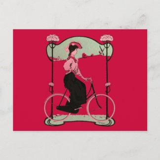 Vintage Magenta Bicycle Woman Antique Bike Nouveau Postcard