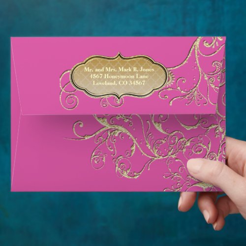 Vintage Magenta Pink Gold Swirl Wedding Envelope