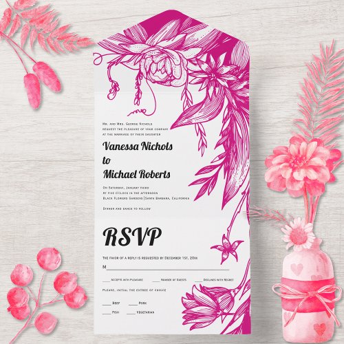 Vintage magenta pink line art flowers wedding  all in one invitation