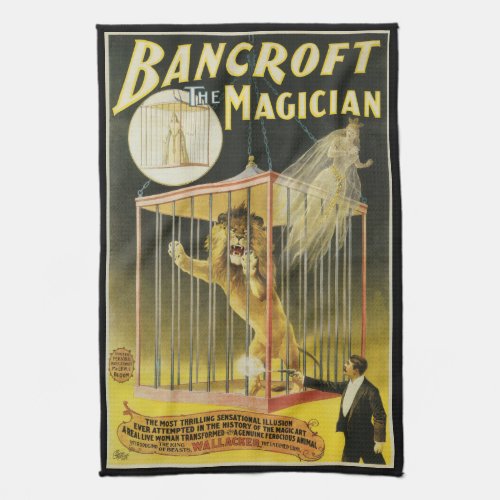 Vintage Magic Poster Magician Bancroft and Lion Kitchen Towel