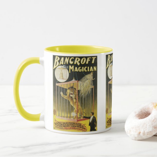 Vintage Magic Poster, Magician Bancroft and Lion Mug (With Donut)