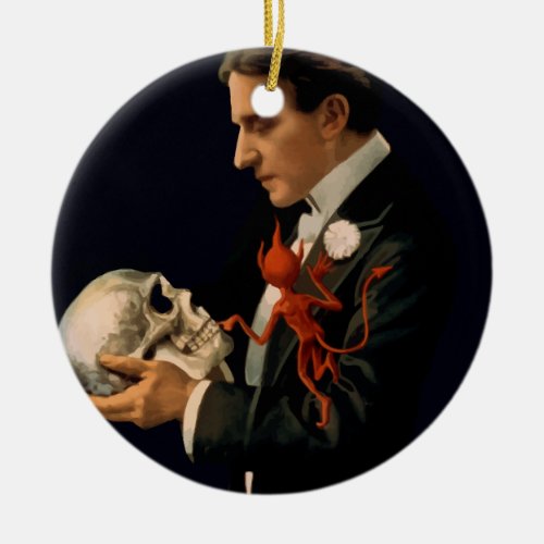 Vintage Magician Thurston Holding a Human Skull Ceramic Ornament