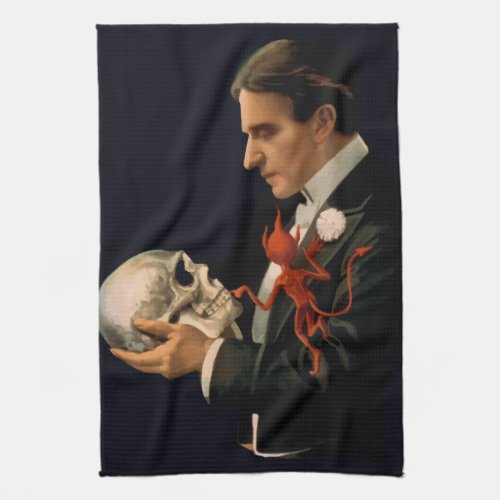 Vintage Magician Thurston Holding a Human Skull Kitchen Towel