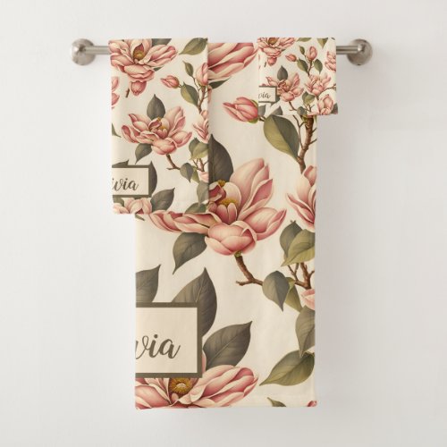 Vintage Magnolia Blossom Flower Botanical Pattern Bath Towel Set