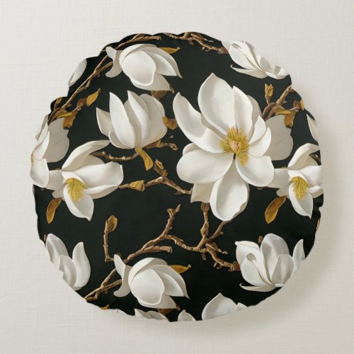 Vintage Magnolia Botanical Floral Round Pillow
