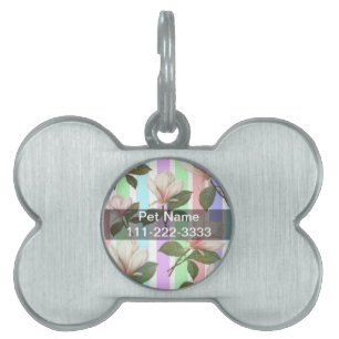 Vintage magnolia floral in soft color strips girly pet name tag