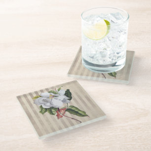 Vintage Magnolia Flower on Stripes Glass Coaster