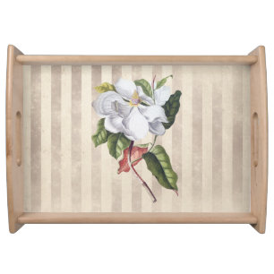 Vintage Magnolia Flower on Stripes Serving Tray