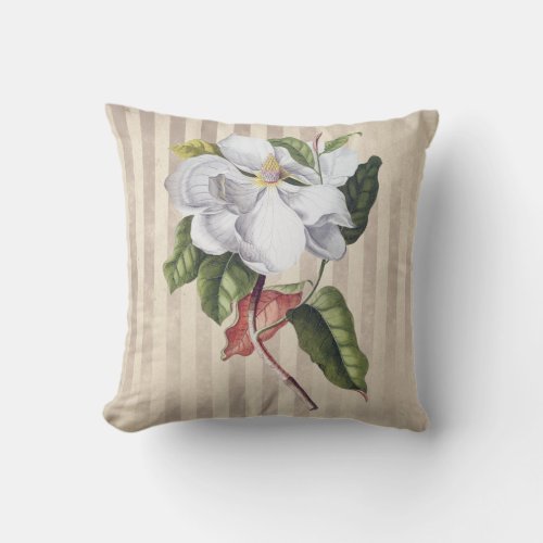 Vintage Magnolia Flower on Stripes Throw Pillow