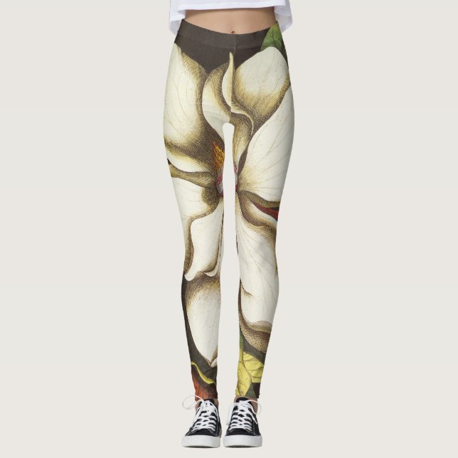 Vintage Magnolia Flowers Plant With Seeds Leggings (Front)