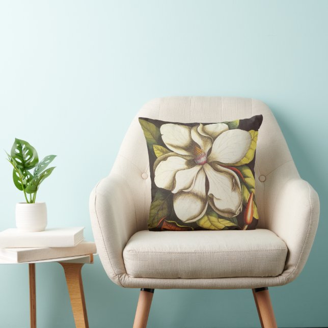 Vintage Magnolia Flowers Plant With Seeds Throw Pillow (Chair)