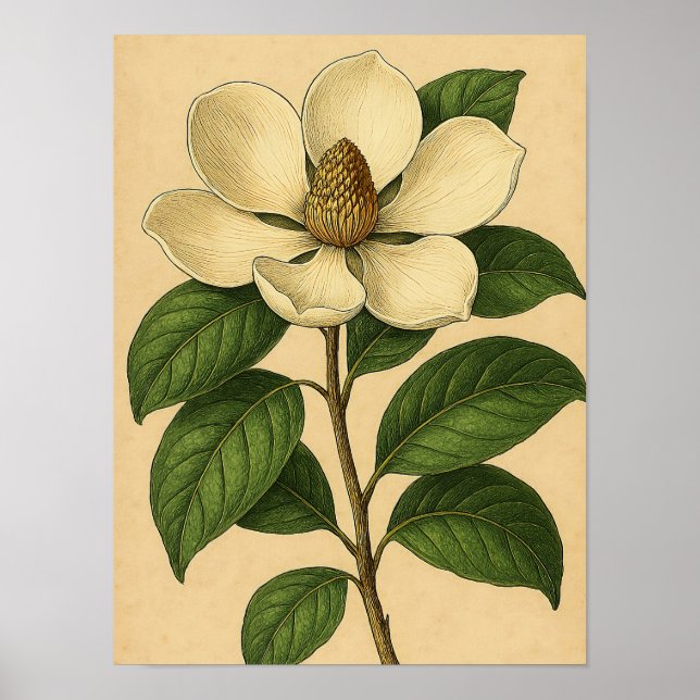 Vintage Magnolia on Weathered Paper Poster (Front)