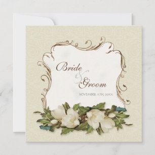 Vintage Magnolia Swirls Damask Wedding Invite