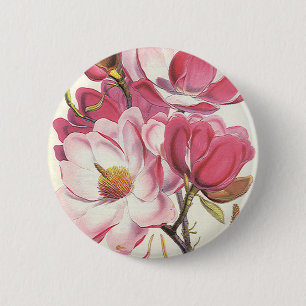 Vintage Magnolia Tree Blossom, Pink Garden Flowers Button