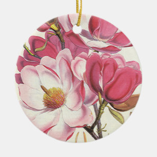 Vintage Magnolia Tree Blossom, Pink Garden Flowers Ceramic Ornament