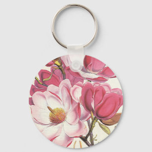 Vintage Magnolia Tree Blossom, Pink Garden Flowers Keychain