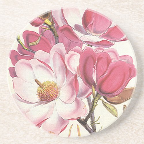 Vintage Magnolia Tree Blossom Pink Garden Flowers Sandstone Coaster