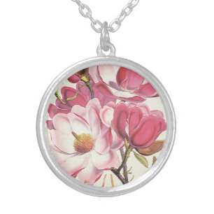 Vintage Magnolia Tree Blossom, Pink Garden Flowers Silver Plated Necklace