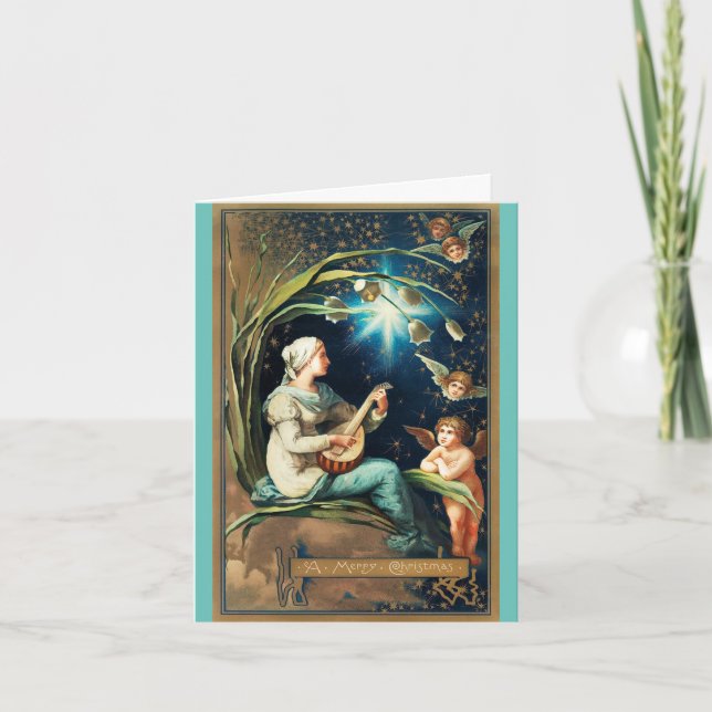 Vintage Maiden and Angels Holiday Christmas Card (Front)
