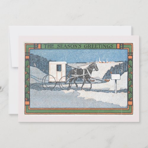 Vintage Mail Horse and Buggy Christmas Greetings Holiday Card