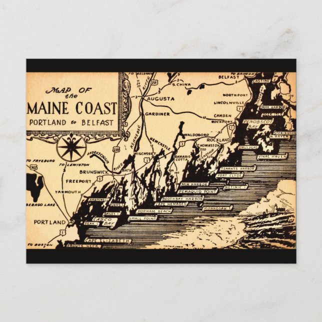 Vintage Maine Coast Map Postcard (Front)