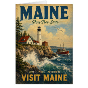 Vintage Maine Coast Travel Poster with Lighthouse Cards