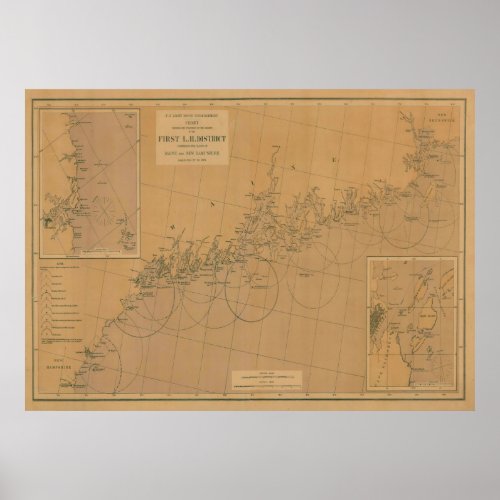 Vintage Maine Lighthouse Map 1876 Poster