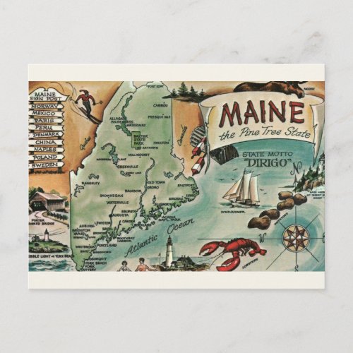 Vintage Maine Map Postcard