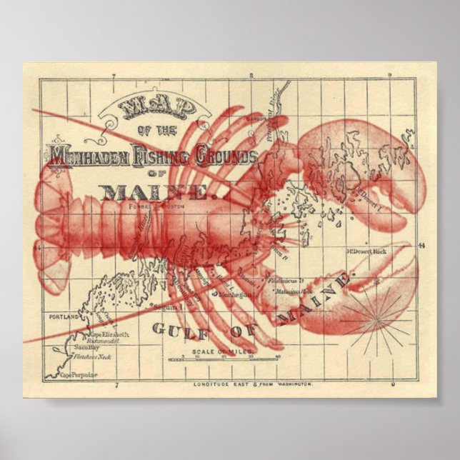 Vintage Maine Map with Lobster Poster (Front)