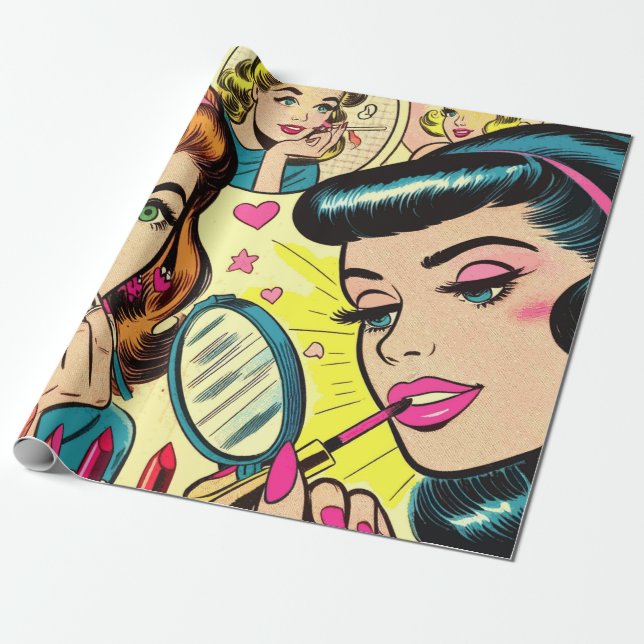 Vintage Makeup Girls Comics Wrapping Paper (Unrolled)