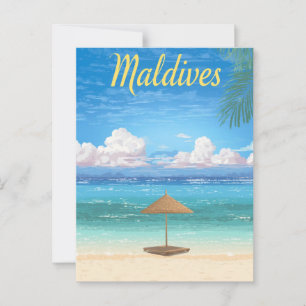 Vintage Maldives Tropical Beach Parasol Travel Postcard