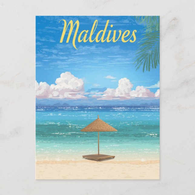 Vintage Maldives Tropical Beach Parasol Travel Postcard (Front)