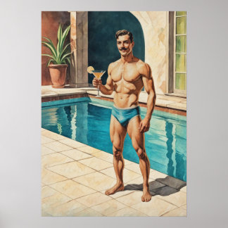 Vintage Male Pinup Zaddy | Retro Poolside Hunk Poster