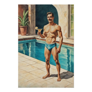 Vintage Male Pinup Zaddy | Retro Poolside Hunk Poster