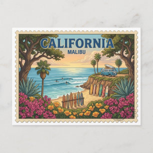 Vintage Malibu California Surf Beach Van Postcard