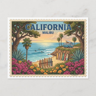 Vintage Malibu California Surf Beach Van Postcard