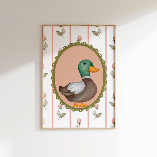 Vintage Mallard Duck Nursery Wall Art (Framed vintage-style mallard duck print on a floral and pink striped background.)