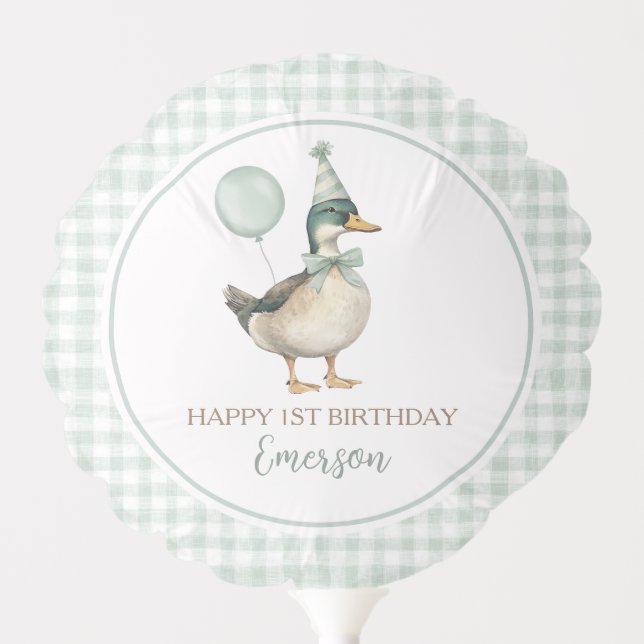Vintage Mallard Duck Sage Green Gingham Birthday Balloon (Front)