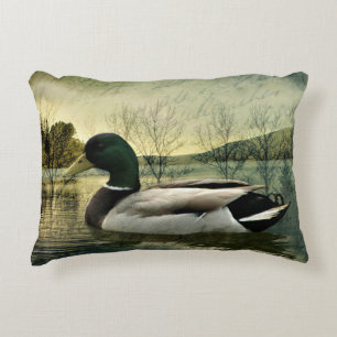 Vintage Mallard Duck Weathered Postcard Accent Pillow