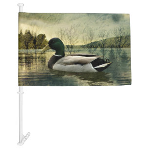 Vintage Mallard Duck Weathered Postcard Car Flag