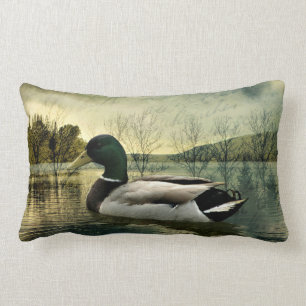Vintage Mallard Duck Weathered Postcard Lumbar Pillow