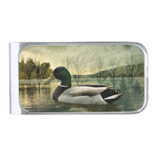 Vintage Mallard Duck Weathered Postcard Silver Finish Money Clip