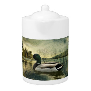 Vintage Mallard Duck Weathered Postcard Teapot