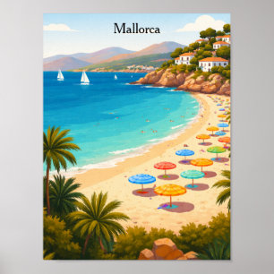 Vintage Mallorca Spain Travel Beach Illustration Poster