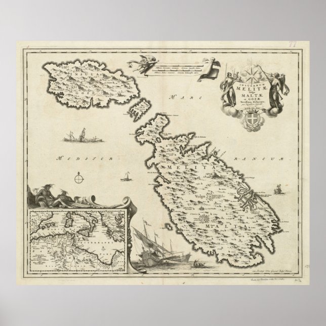 Vintage Malta Map (1698) Poster (Front)