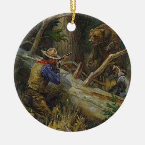 Vintage Man Hunting Bear Ceramic Ornament