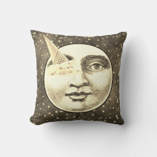 Vintage man in moon full face ice cream cone eye throw pillow
