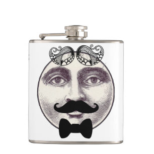 Vintage man in moon full face mustache bow tie flask