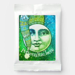 Vintage man in moon whimsical winter blue teal hot chocolate drink mix