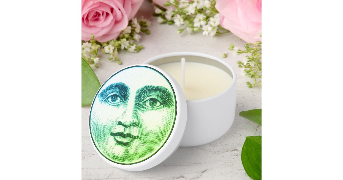 Vintage man in the moon face teal blue mini candle